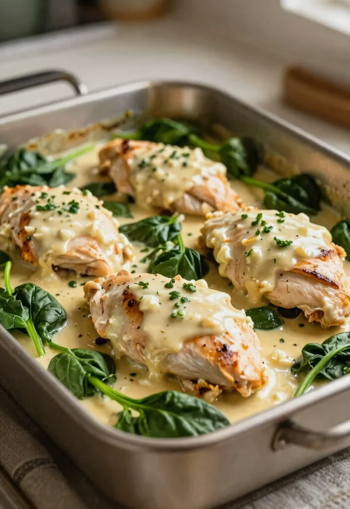 16 Family Sheet Pan Dinners for Easy Cleanup (Less Dishes) - 16. Creamy Garlic Chicken and Spinach 1