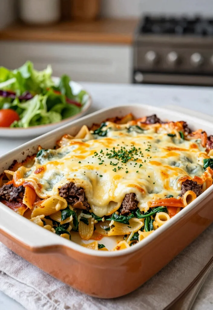 20 Cheap Large Family Meals Ground Beef Recipes - 15. Beef and Spinach Pasta Bake 1