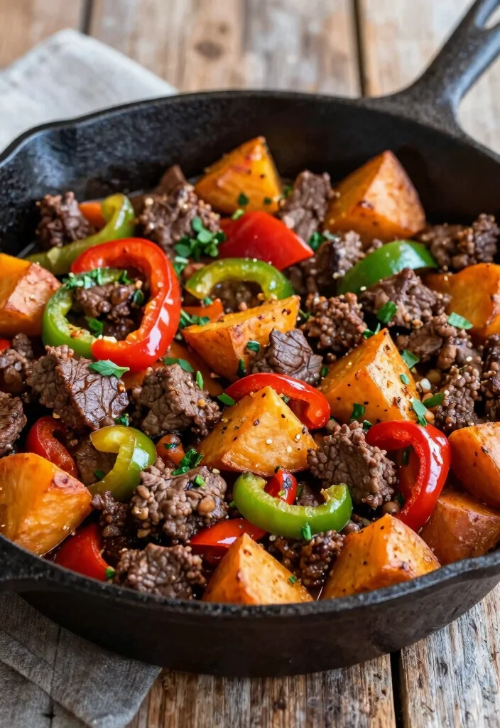 20 Cheap Large Family Meals Ground Beef Recipes - 20. Ground Beef and Sweet Potato Skillet 1