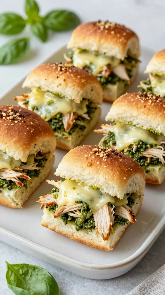 13 Pizza Sliders Recipes with Hawaiian Rolls That Everyone Will Want Seconds Of - 8. Pesto Chicken Pizza Sliders 1