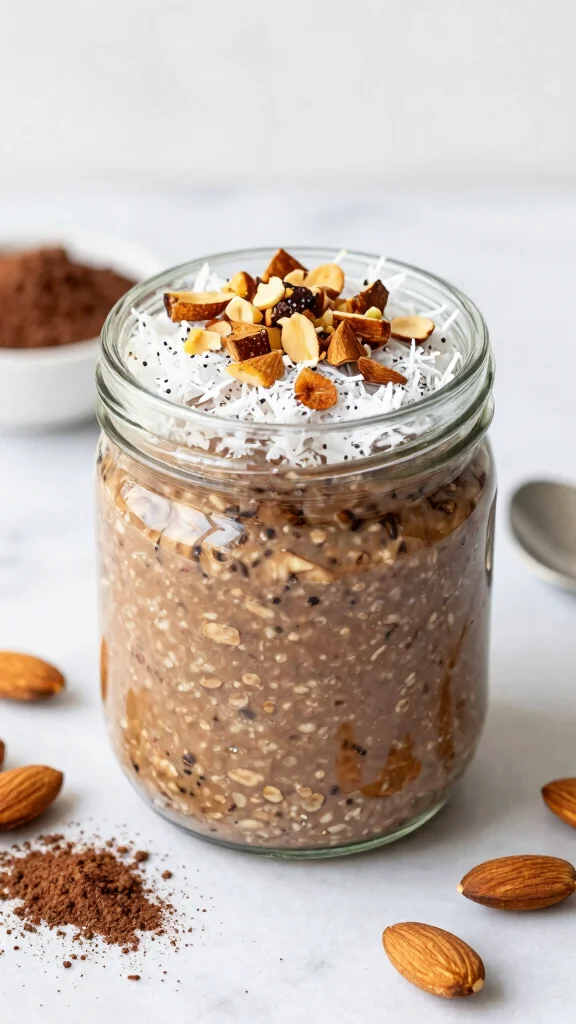 17 Chocolate Peanut Butter Overnight Oats Recipes - Sweet and Protein-Packed Breakfasts - 5. Almond Joy Inspired Chocolate Peanut Butter Oats 1