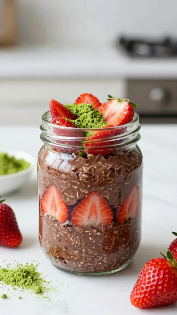 17 Chocolate Strawberry Overnight Oats Recipes - Sweet and Protein-Packed Breakfasts - 13. Chocolate Strawberry Overnight Oats with Matcha 1