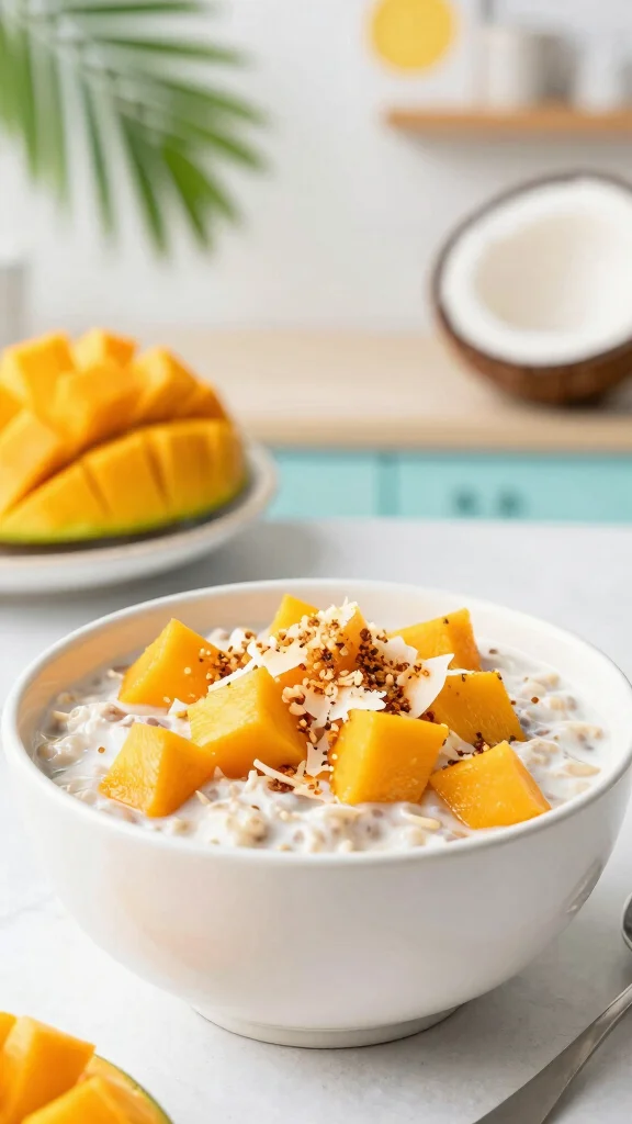 17 Low-Calorie Overnight Oats Recipes Under 200 Calories - Healthy and Filling Breakfasts - 5. Tropical Mango Coconut Overnight Oats 1
