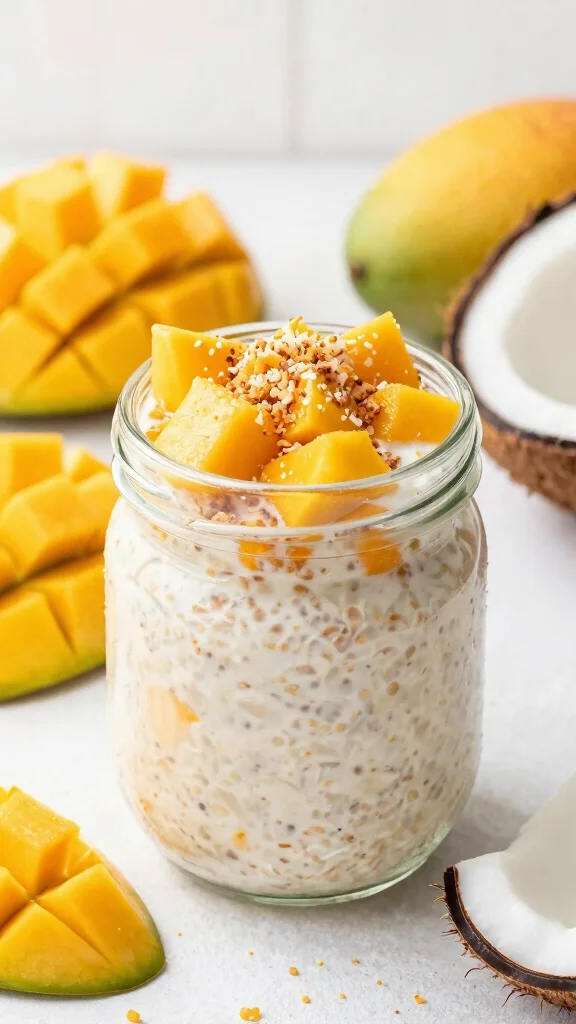 17 Low-Carb Overnight Oats Recipes - Protein-Packed and Healthy Breakfasts - 10. Tropical Mango Coconut Overnight Oats 1