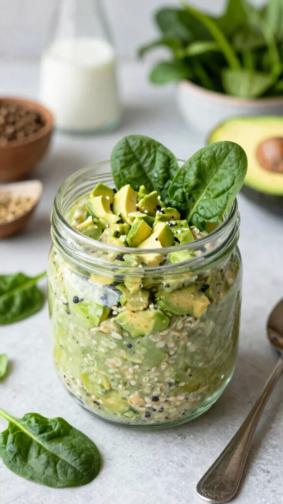 17 Overnight Oats Recipes with Coconut Milk - Healthy and Easy Breakfasts - 16. Savory Spinach and Avocado Oats 1