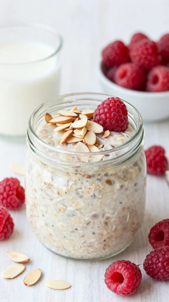 17 Overnight Oats with Chia Seeds Recipes - Fiber-Rich and Healthy Breakfasts - 12. Raspberry Almond Overnight Oats 1