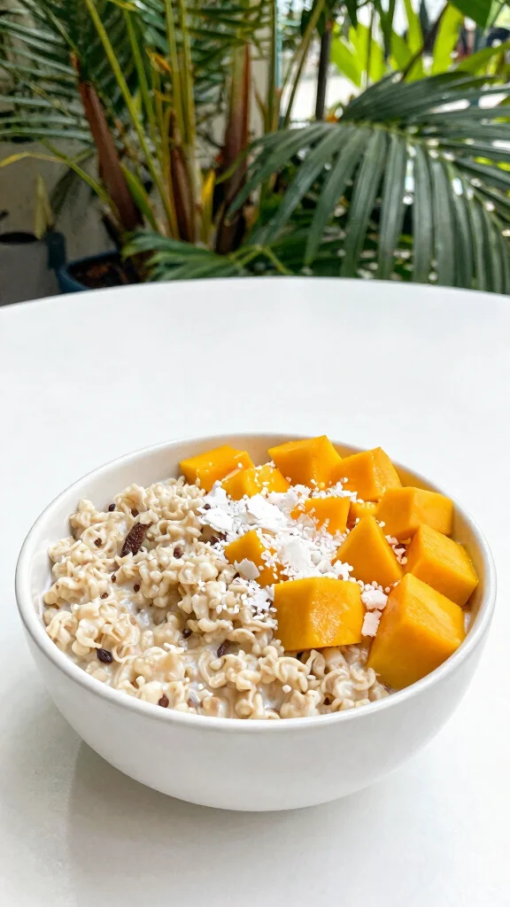 17 Rolled Oats Breakfast Recipes - Nutritious and Delicious Morning Meals - 8. Coconut Oatmeal with Mango 1