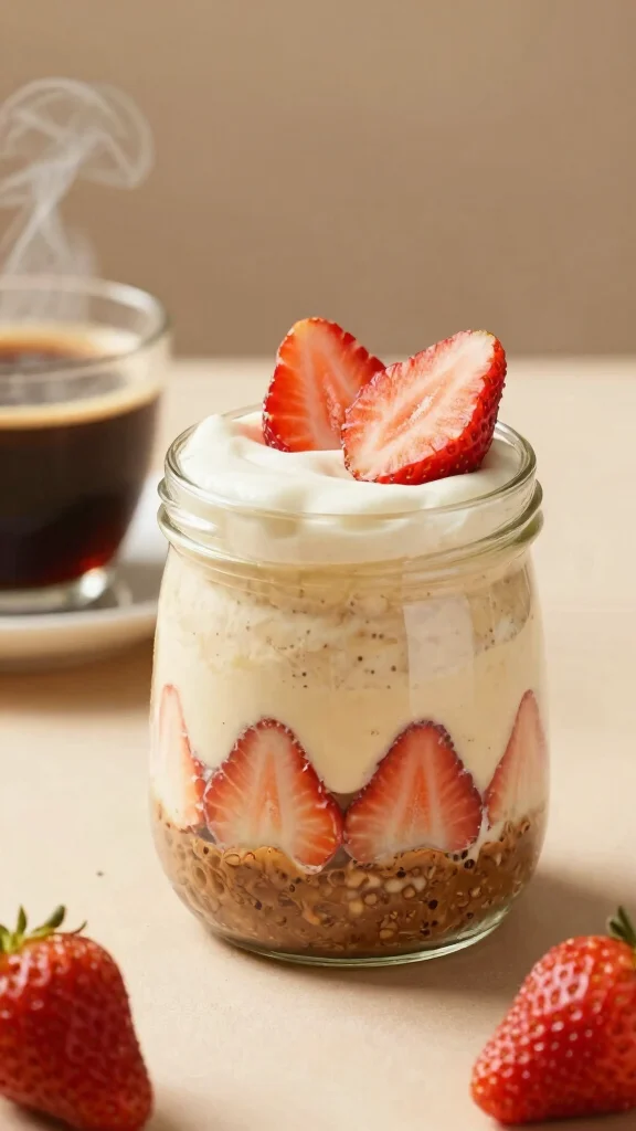 17 Strawberry Cheesecake Overnight Oats Recipes - Sweet and Protein-Rich Breakfasts - 13. Espresso Strawberry Cheesecake Overnight Oats 1