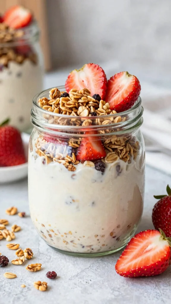 17 Strawberry Cheesecake Overnight Oats Recipes - Sweet and Protein-Rich Breakfasts - 14. Fruity Granola Strawberry Cheesecake Overnight Oats 1