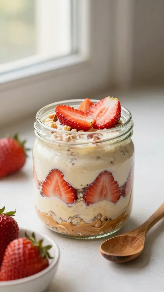 17 Strawberry Cheesecake Overnight Oats Recipes - Sweet and Protein-Rich Breakfasts - 6. Peanut Butter Strawberry Cheesecake Overnight Oats 1