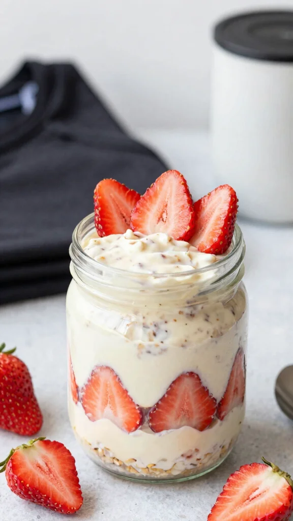 17 Strawberry Cheesecake Overnight Oats Recipes - Sweet and Protein-Rich Breakfasts - 8. Protein-Packed Strawberry Cheesecake Overnight Oats 1