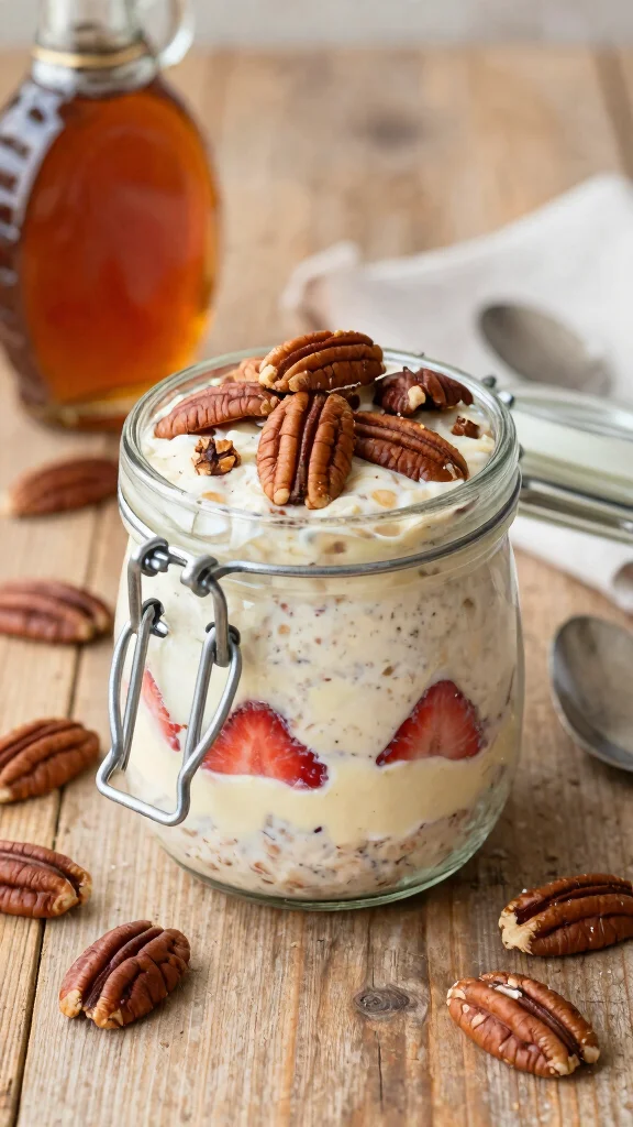 17 Strawberry Cheesecake Overnight Oats Recipes - Sweet and Protein-Rich Breakfasts - 9. Maple Pecan Strawberry Cheesecake Overnight Oats 1