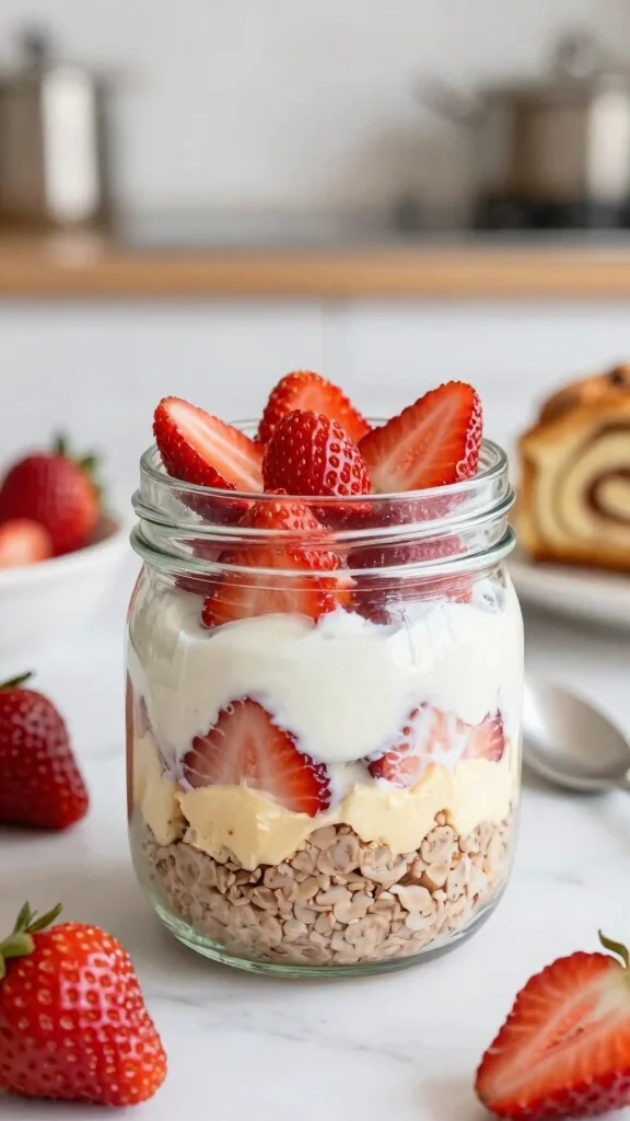 18 Cinnamon Roll Overnight Oats Recipes - Indulgent and Protein-Packed Breakfasts - 10. Strawberry Cheesecake Cinnamon Roll Overnight Oats 1