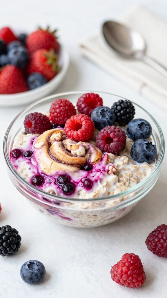 18 Cinnamon Roll Overnight Oats Recipes - Indulgent and Protein-Packed Breakfasts - 8. Berry Swirl Cinnamon Roll Overnight Oats 1