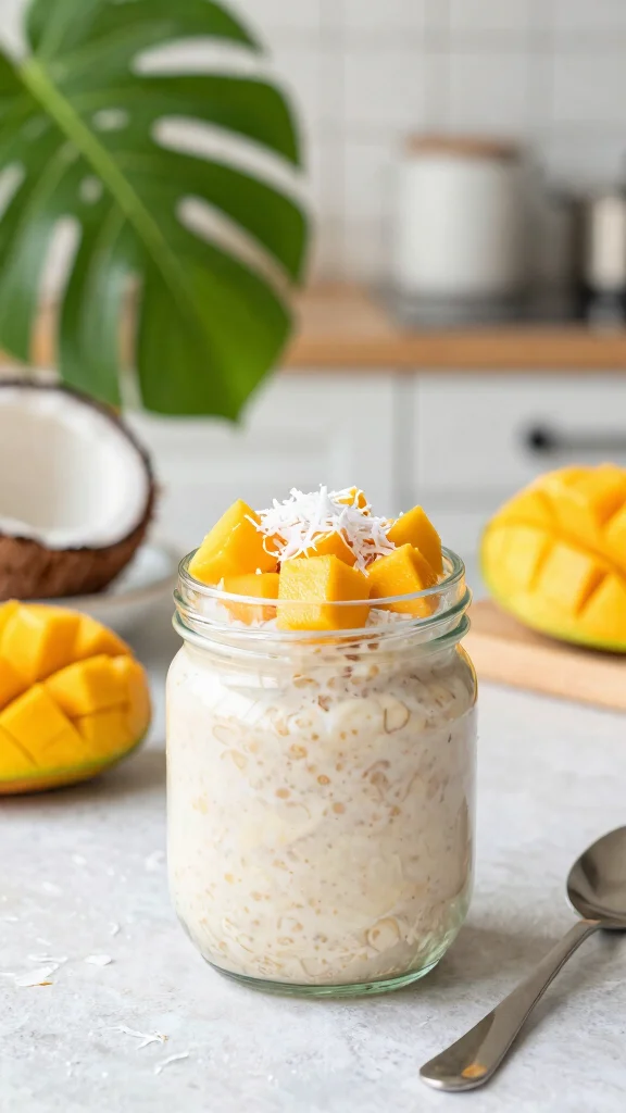 18 Low-Calorie Overnight Oats Recipes - Healthy and Filling Breakfasts - 4. Tropical Coconut Mango Overnight Oats 1