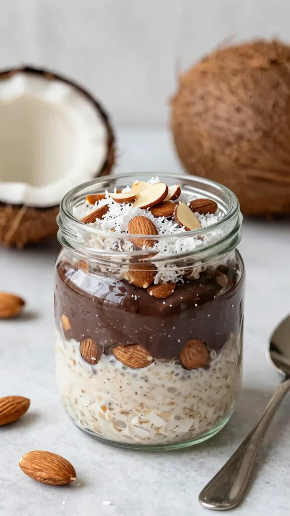 18 Low-Calorie Overnight Oats Recipes - Healthy and Filling Breakfasts - 8. Almond Joy Overnight Oats 1