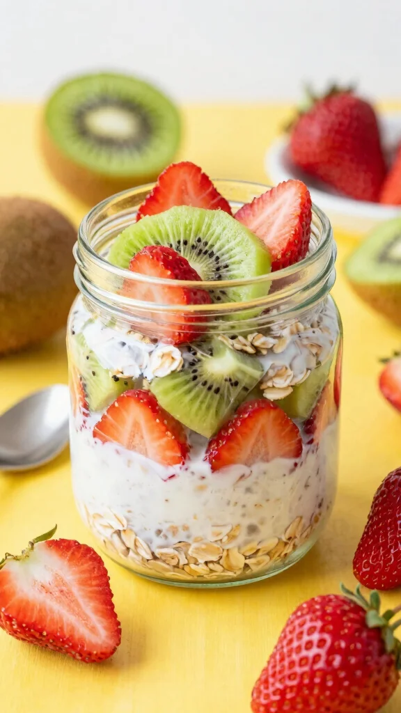 18 Macro Friendly Overnight Oats Recipes - Balanced, Healthy, and Easy Breakfasts - 10. Strawberry Kiwi Overnight Oats 1