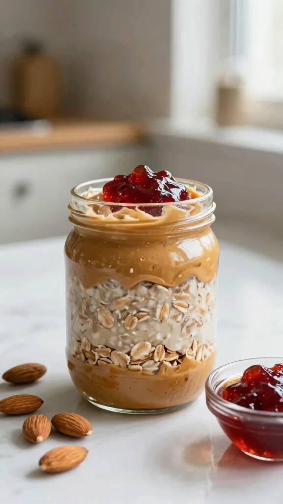 18 Macro Friendly Overnight Oats Recipes - Balanced, Healthy, and Easy Breakfasts - 12. Almond Butter and Jelly Overnight Oats 1
