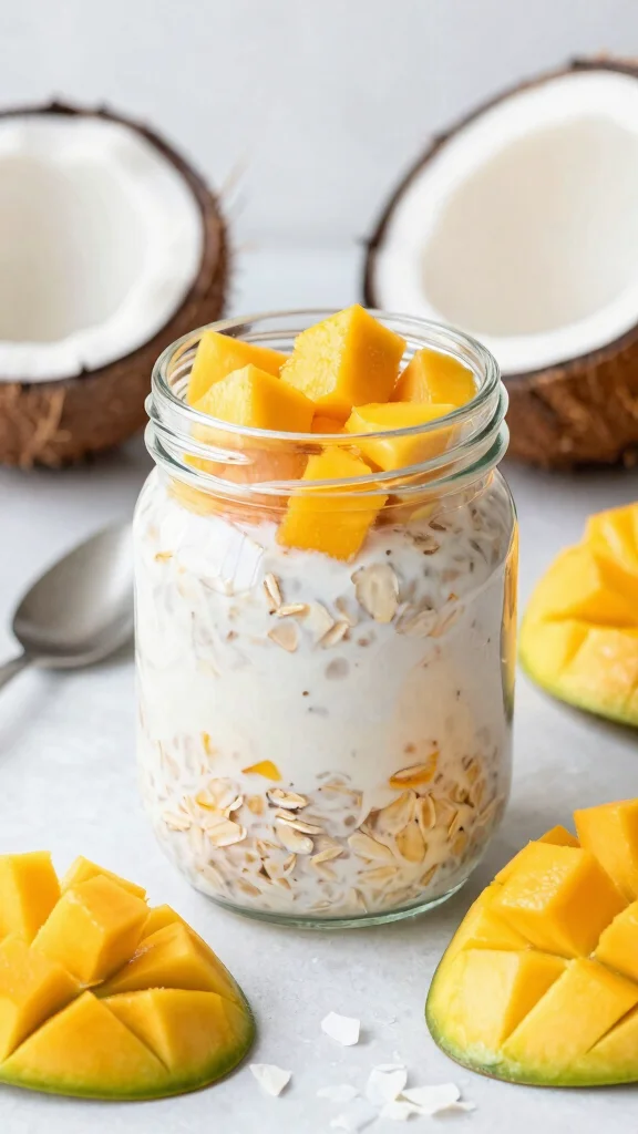 18 Macro Friendly Overnight Oats Recipes - Balanced, Healthy, and Easy Breakfasts - 14. Tropical Mango and Coconut Overnight Oats 1