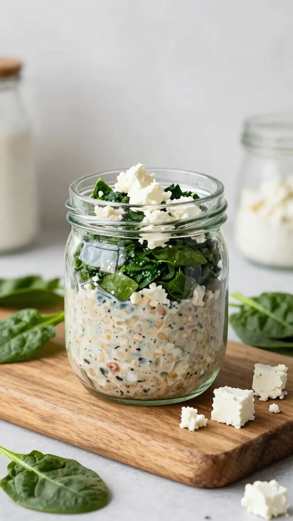 18 Macro Friendly Overnight Oats Recipes - Balanced, Healthy, and Easy Breakfasts - 8. Savory Spinach and Feta Overnight Oats 1
