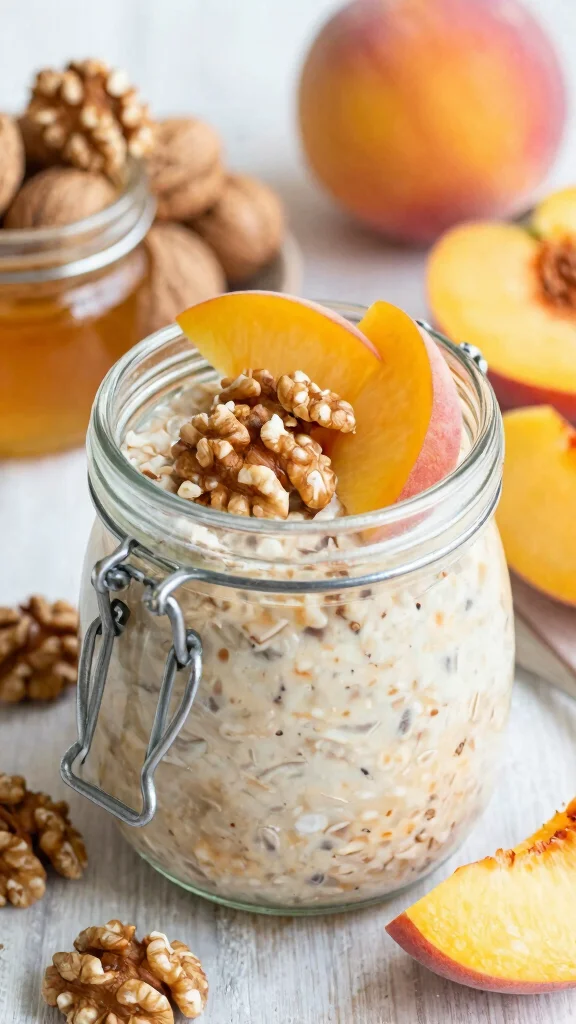 18 Peach Overnight Oats Healthy Recipes - Fruity and Protein-Packed Breakfasts - 12. Peach and Walnut Oats 1