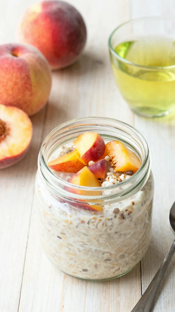 18 Peach Overnight Oats Healthy Recipes - Fruity and Protein-Packed Breakfasts - 15. Peach and Green Tea Oats 1