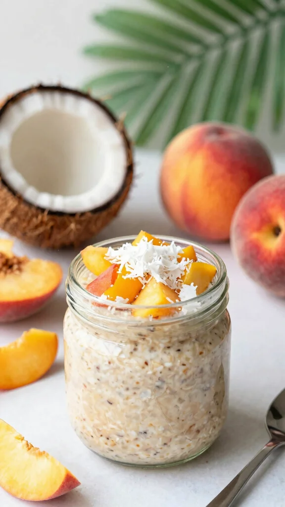 18 Peach Overnight Oats Healthy Recipes - Fruity and Protein-Packed Breakfasts - 3. Peach Coconut Overnight Oats 1