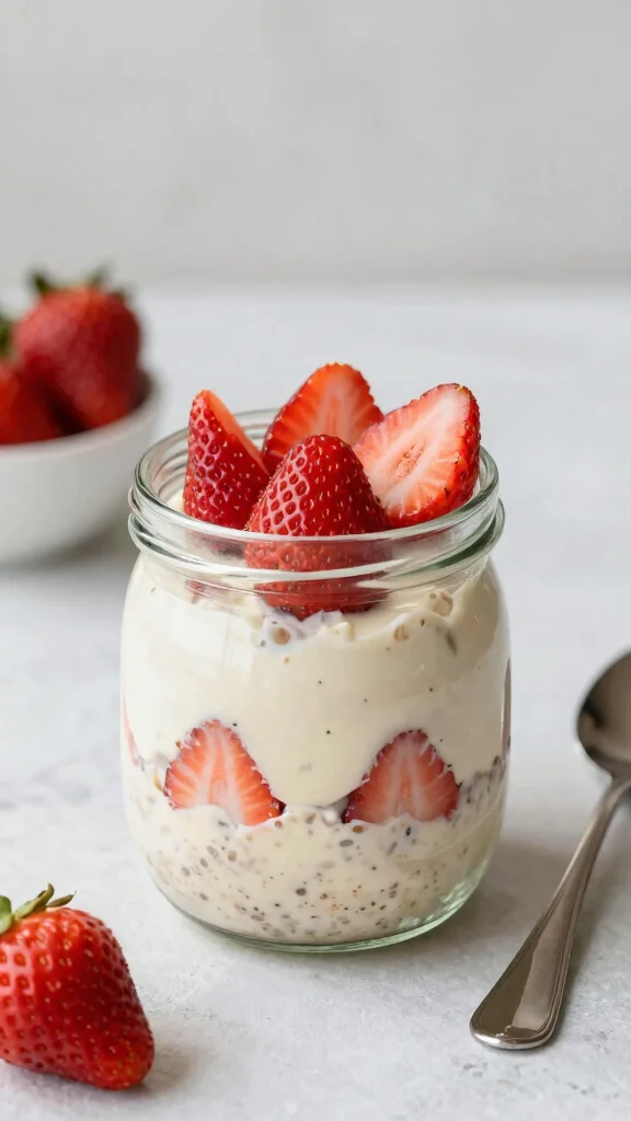 19 High Protein Overnight Oats Recipes - Healthy and Filling Breakfasts - 15. Strawberry Cheesecake Overnight Oats 1