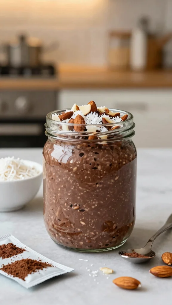 19 High Protein Overnight Oats Recipes - Healthy and Filling Breakfasts - 2. Chocolate Almond Joy Overnight Oats 1